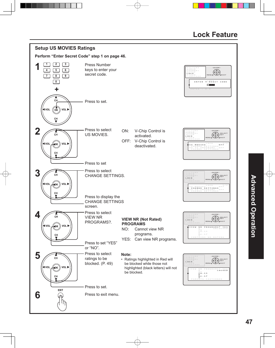 Lock feature, 47 advanced op er a tion, Setup us movies ratings | Press to exit menu. press to set | Panasonic PT-43LC14 User Manual | Page 47 / 88