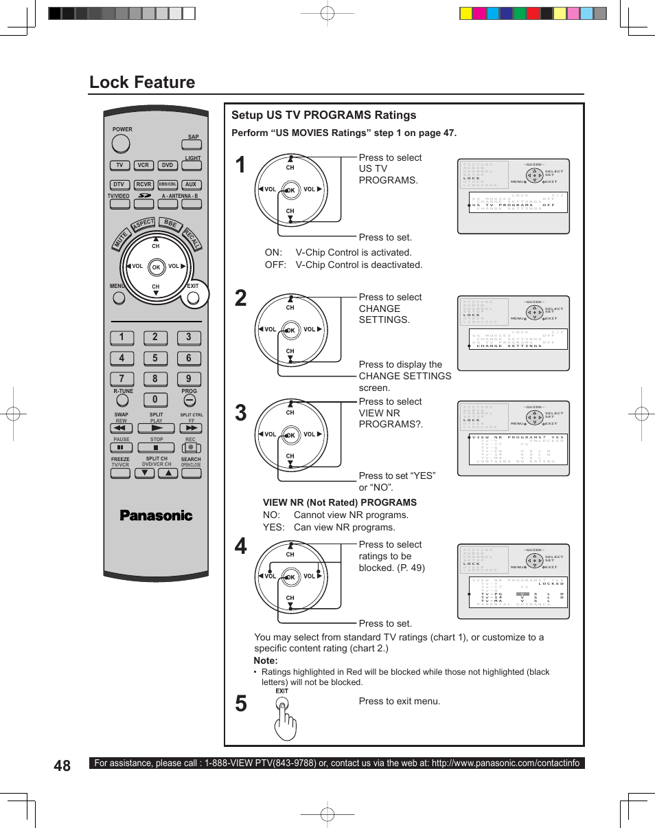 Lock feature, Setup us tv programs ratings | Panasonic PT-43LC14 User Manual | Page 48 / 88