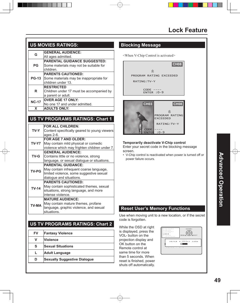 Lock feature, 49 advanced op er a tion | Panasonic PT-43LC14 User Manual | Page 49 / 88