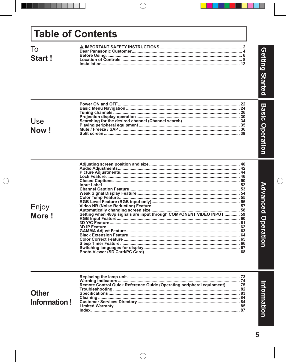 Panasonic PT-43LC14 User Manual | Page 5 / 88