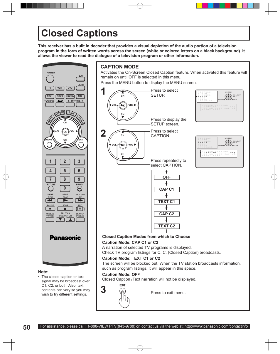 Closed captions, Caption mode, Off cap c1 text c1 cap c2 text c2 | Panasonic PT-43LC14 User Manual | Page 50 / 88