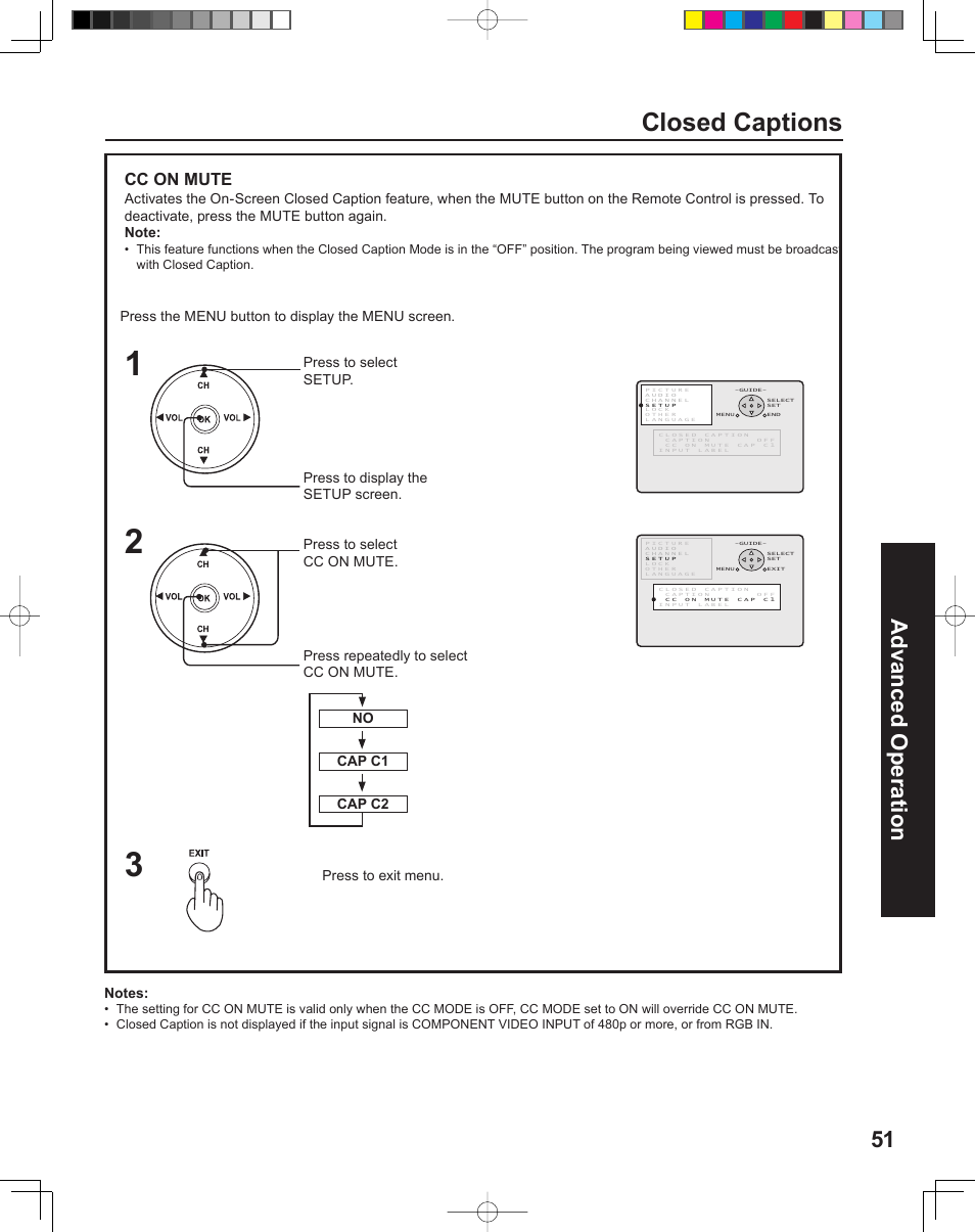 Closed captions, 51 advanced op er a tion, Cc on mute | Panasonic PT-43LC14 User Manual | Page 51 / 88