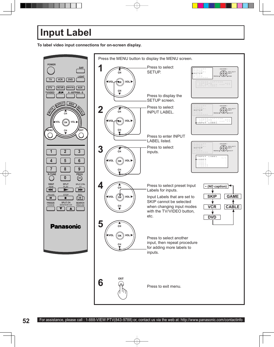 Input label, Input label 1 2, Press the menu button to display the menu screen | Press to select preset input labels for inputs, Game skip vcr dvd cable | Panasonic PT-43LC14 User Manual | Page 52 / 88