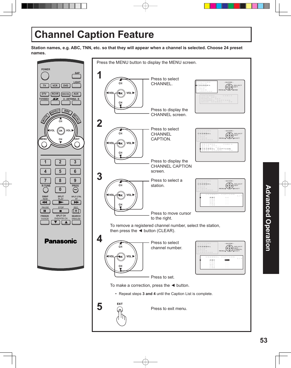 Channel caption feature, 53 advanced op er a tion | Panasonic PT-43LC14 User Manual | Page 53 / 88