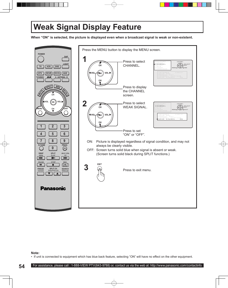 Weak signal display feature | Panasonic PT-43LC14 User Manual | Page 54 / 88