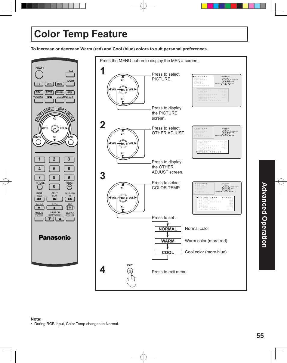 Color temp feature, 55 advanced op er a tion | Panasonic PT-43LC14 User Manual | Page 55 / 88
