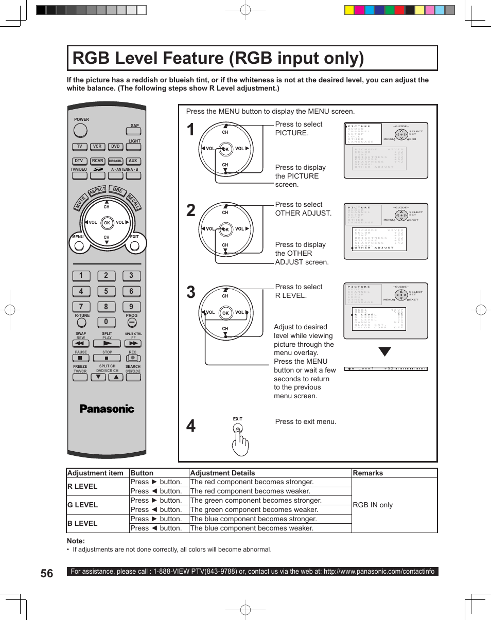 Rgb level feature ( rgb input only ), Rgb level feature (rgb input only) | Panasonic PT-43LC14 User Manual | Page 56 / 88