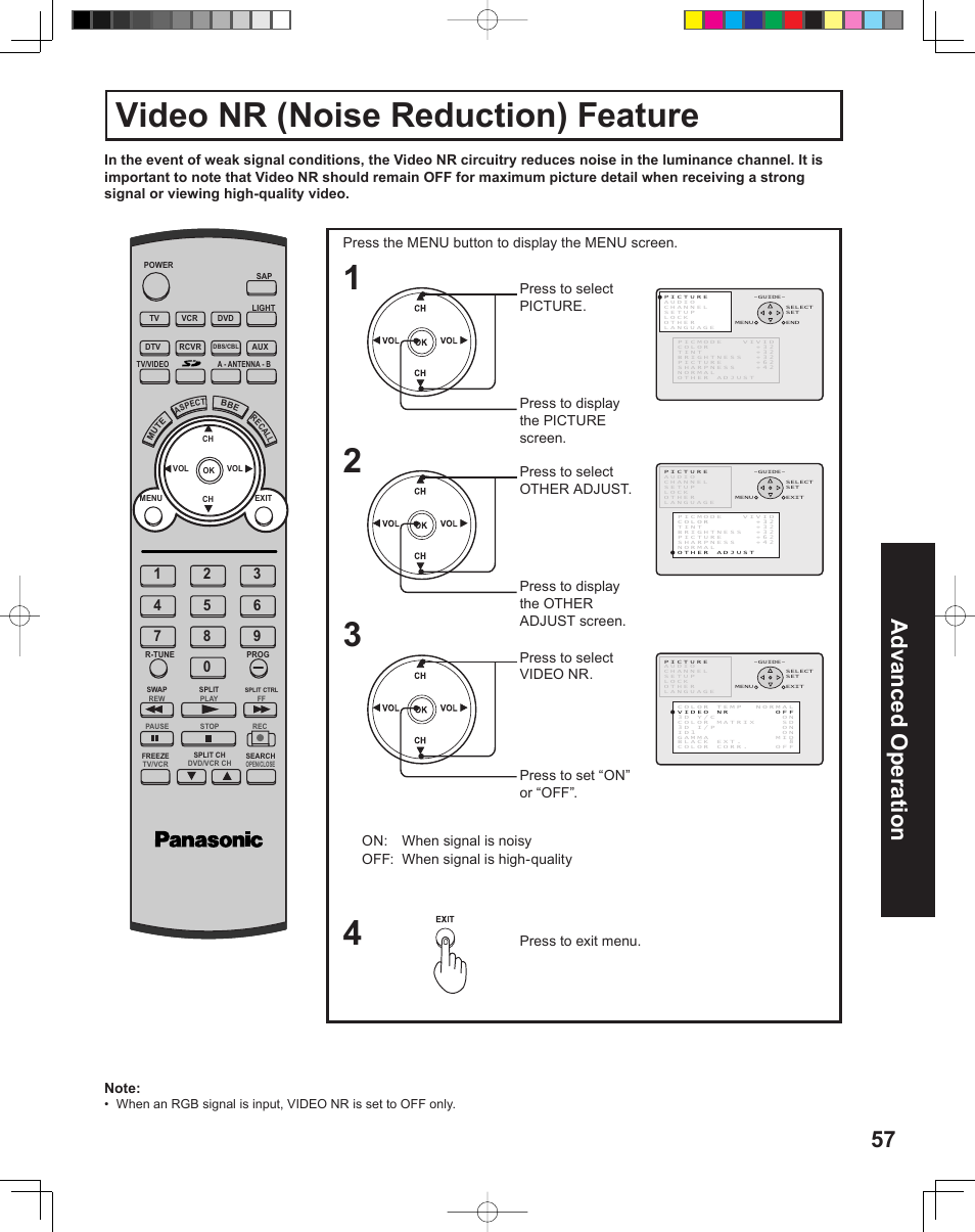 Video nr ( noise reduction ) feature, Video nr (noise reduction) feature, 57 advanced op er a tion | Panasonic PT-43LC14 User Manual | Page 57 / 88