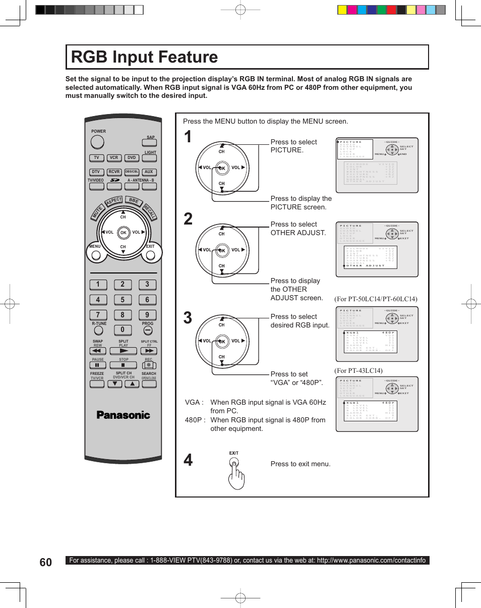 Rgb input feature | Panasonic PT-43LC14 User Manual | Page 60 / 88