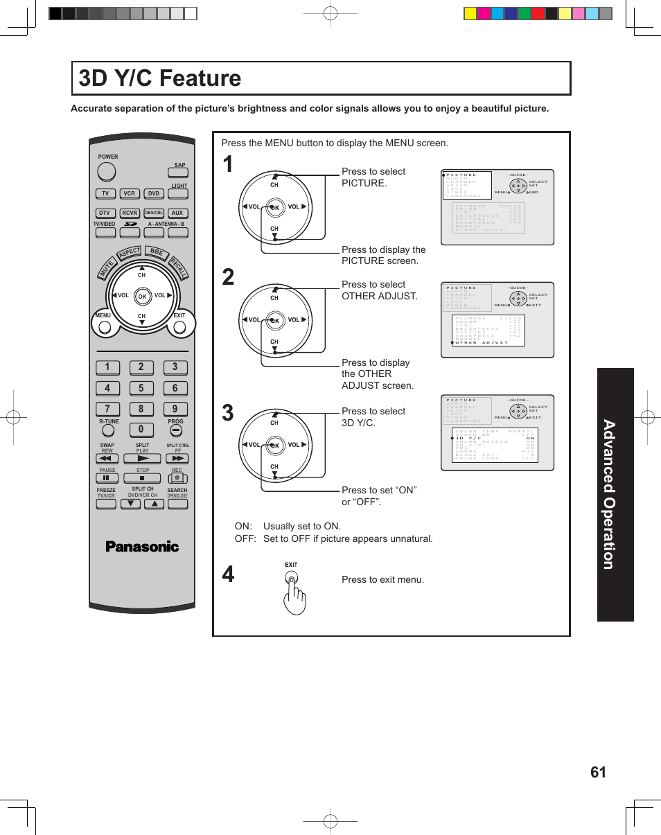 3d y/c feature, 61 advanced op er a tion | Panasonic PT-43LC14 User Manual | Page 61 / 88