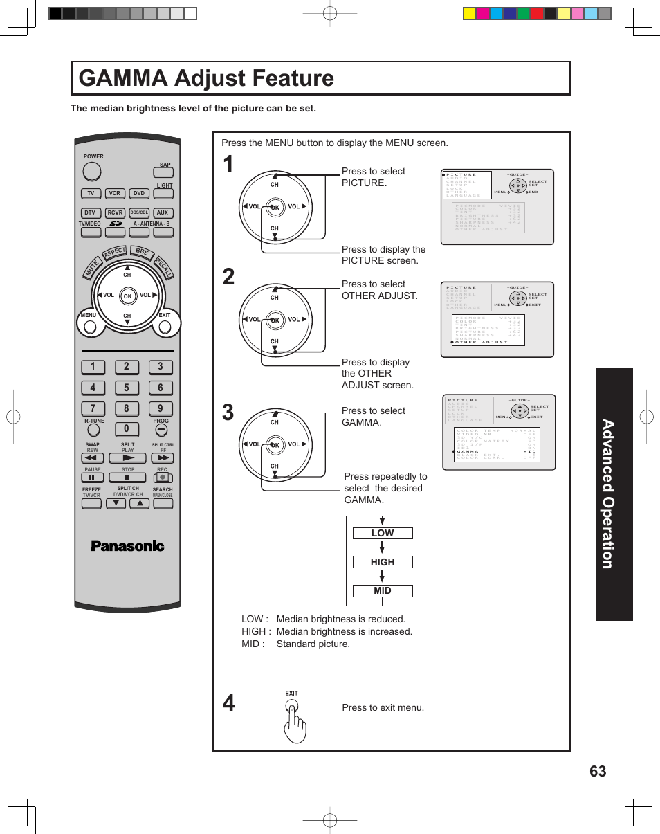 Gamma adjust feature, 63 advanced op er a tion | Panasonic PT-43LC14 User Manual | Page 63 / 88