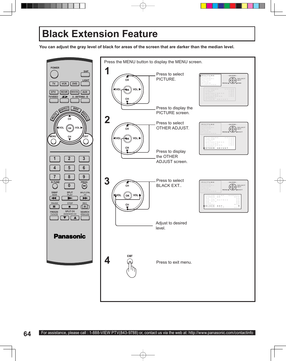 Black extension feature, Press the menu button to display the menu screen, Adjust to desired level | Panasonic PT-43LC14 User Manual | Page 64 / 88