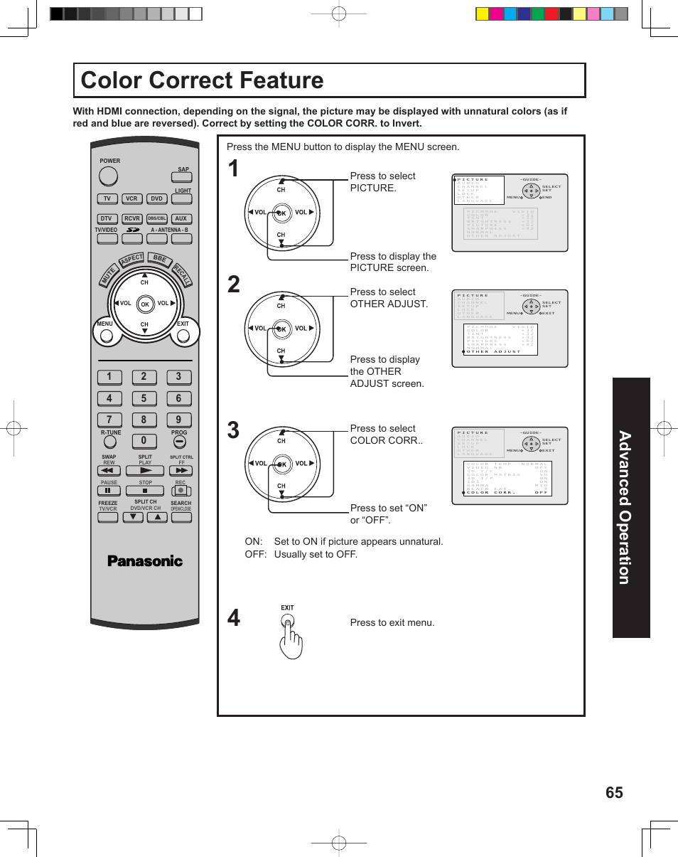 Color correct feature, 65 advanced op er a tion | Panasonic PT-43LC14 User Manual | Page 65 / 88
