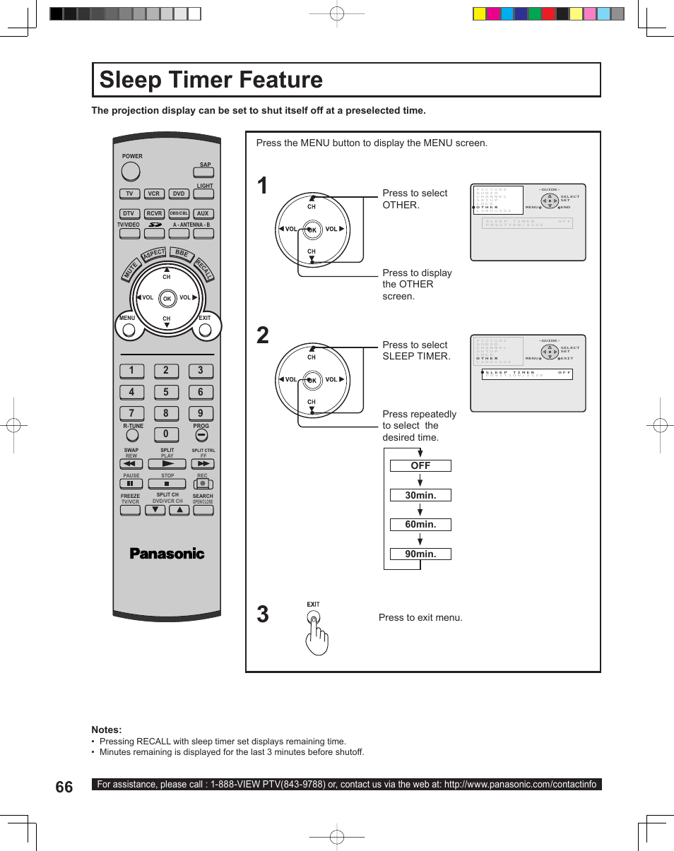 Sleep timer feature | Panasonic PT-43LC14 User Manual | Page 66 / 88