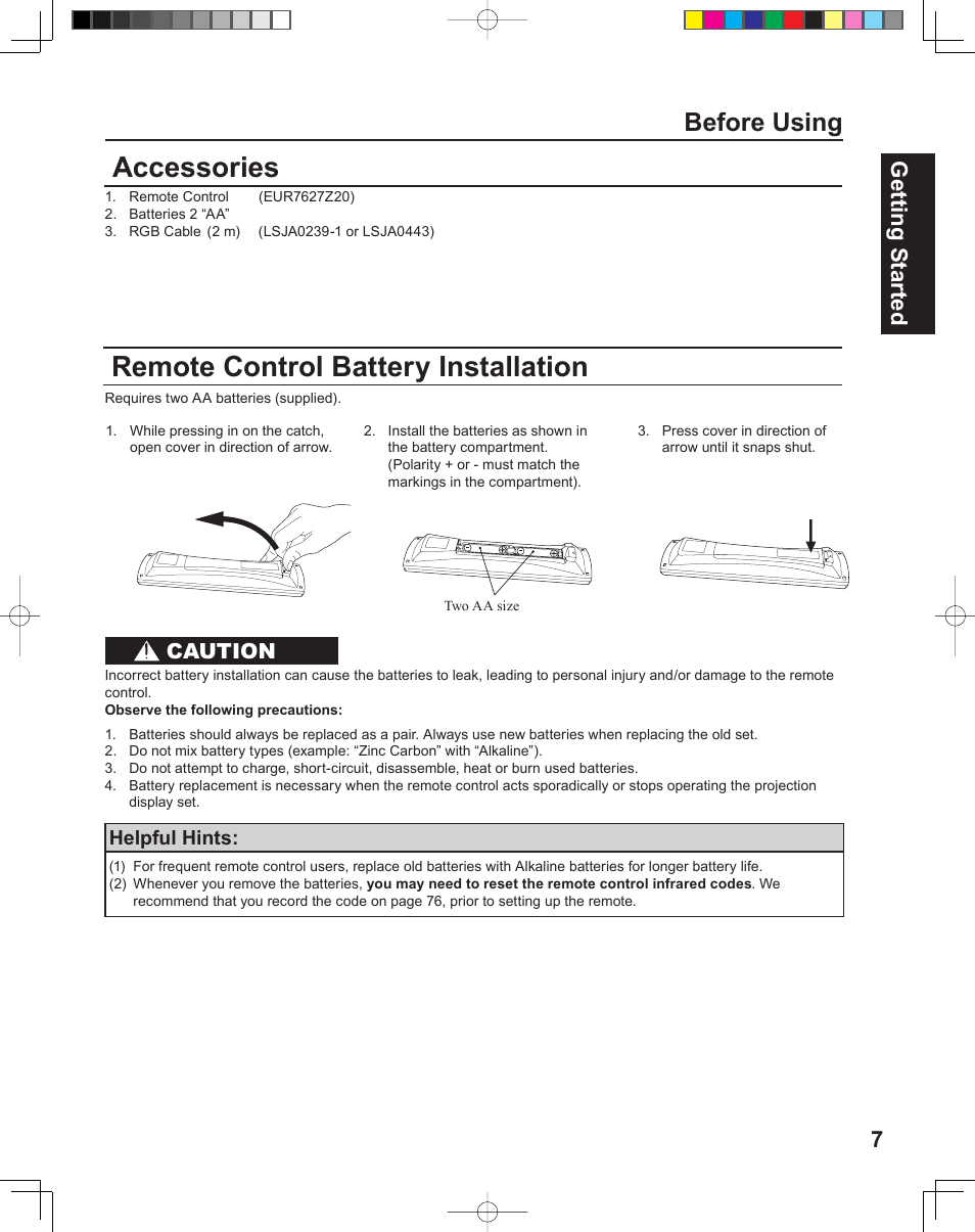 Accessories, Remote control battery installation, Before using | Getting start ed 7, Caution | Panasonic PT-43LC14 User Manual | Page 7 / 88