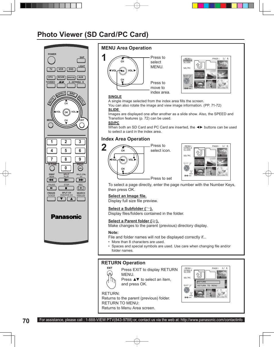 Photo viewer (sd card/pc card), Index area operation, Menu area operation | Return operation | Panasonic PT-43LC14 User Manual | Page 70 / 88