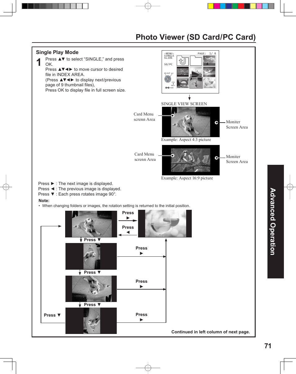 Photo viewer (sd card/pc card), 71 advanced op er a tion | Panasonic PT-43LC14 User Manual | Page 71 / 88