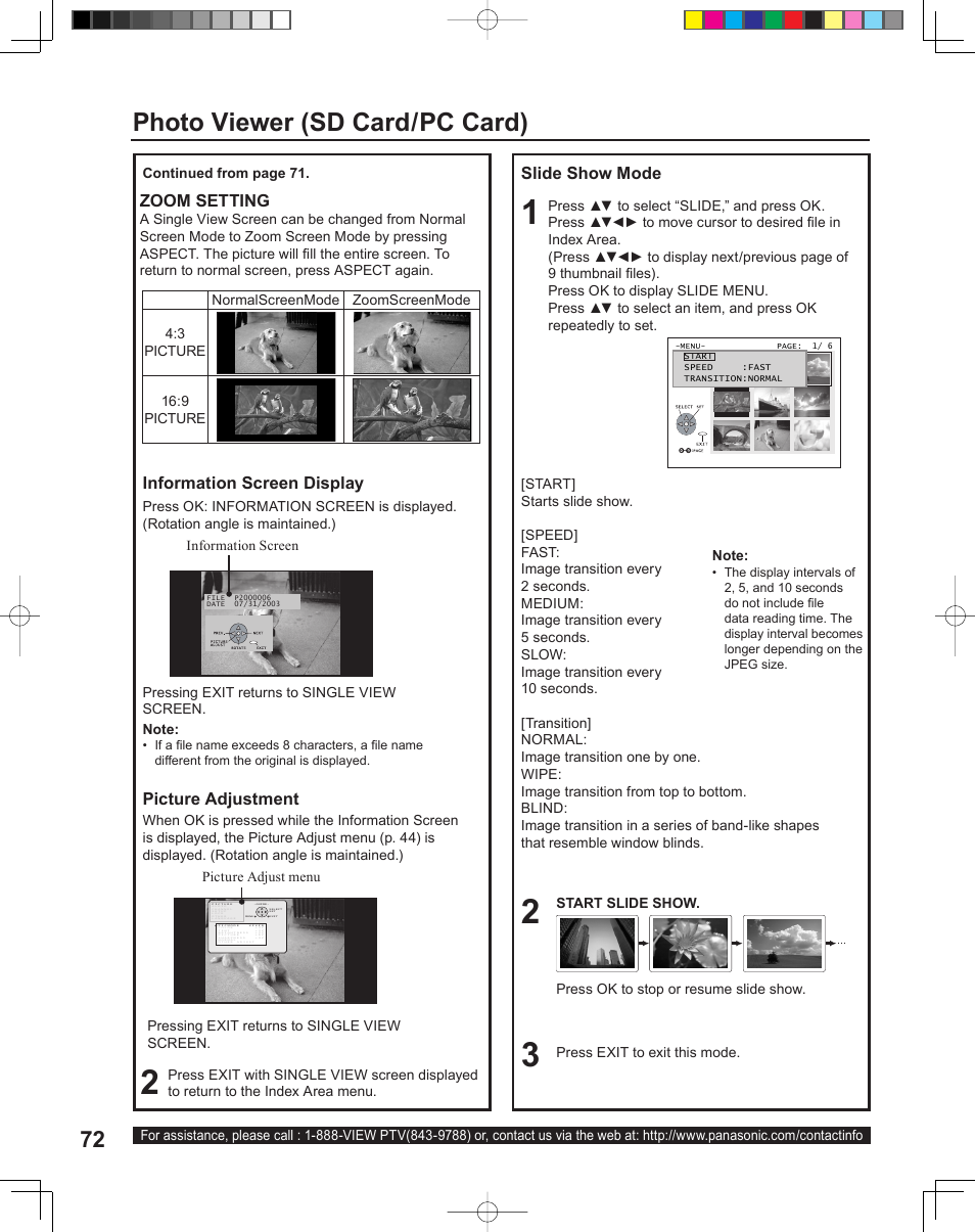 Photo viewer (sd card/pc card), Slide show mode, Information screen display picture adjustment | Zoom setting | Panasonic PT-43LC14 User Manual | Page 72 / 88