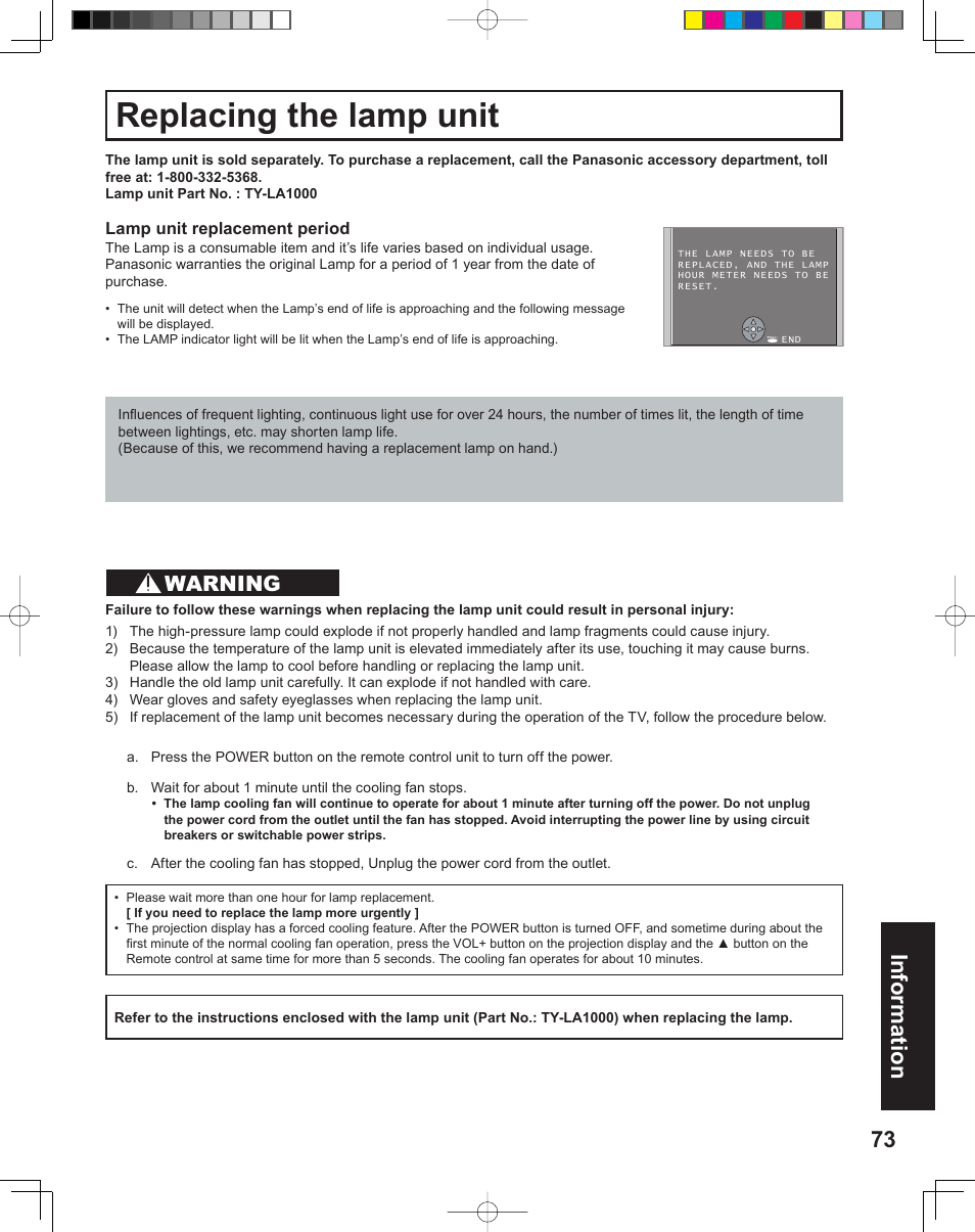 Information, Replacing the lamp unit, 73 information | Warning | Panasonic PT-43LC14 User Manual | Page 73 / 88