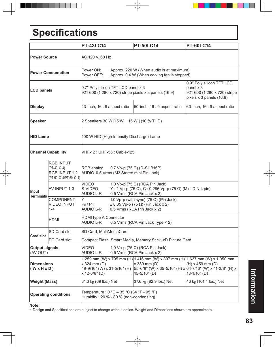 Specifications, Specifi cations, 83 information | Panasonic PT-43LC14 User Manual | Page 83 / 88