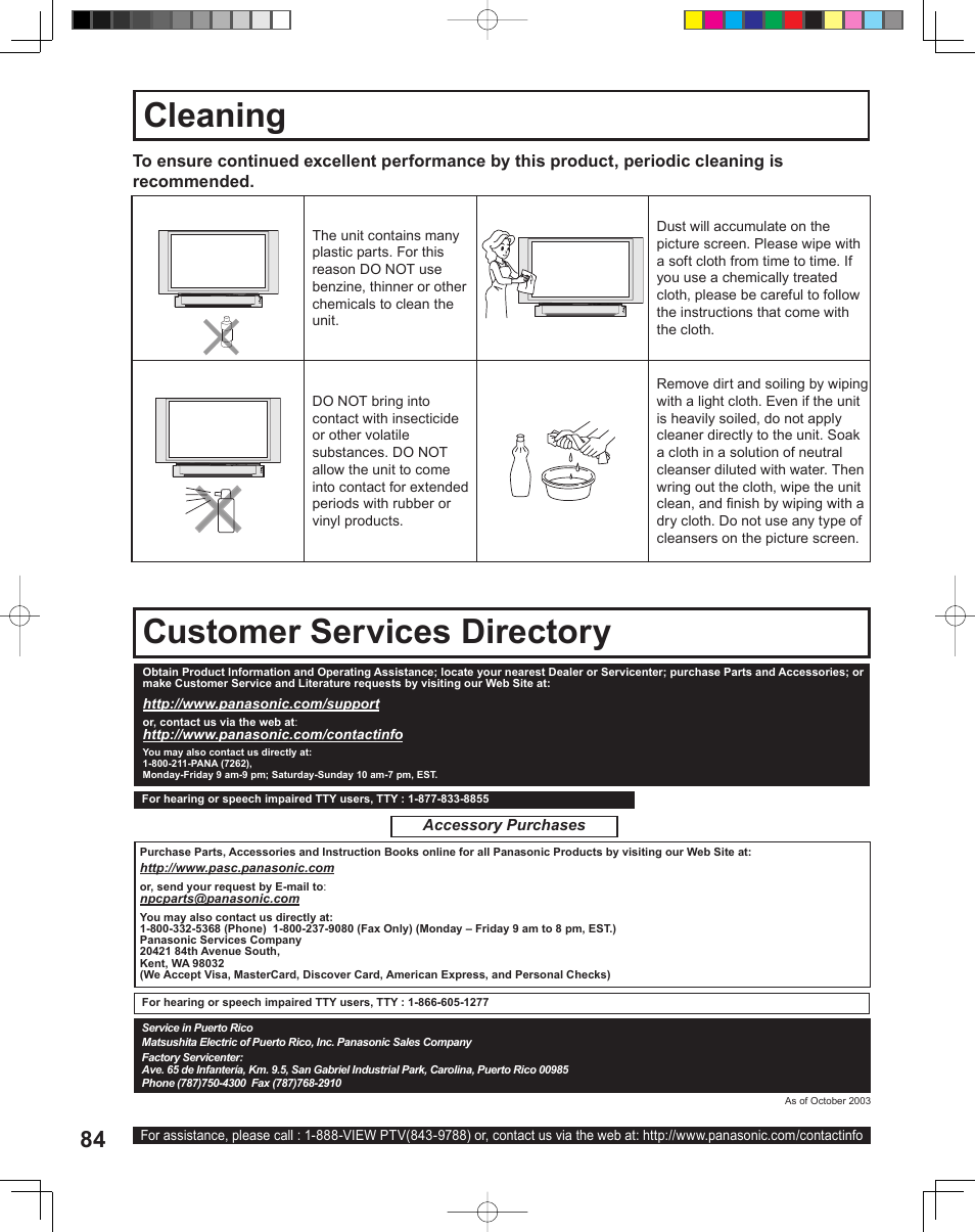 Cleaning, Customer services directory, Clean ing customer services directory | Panasonic PT-43LC14 User Manual | Page 84 / 88
