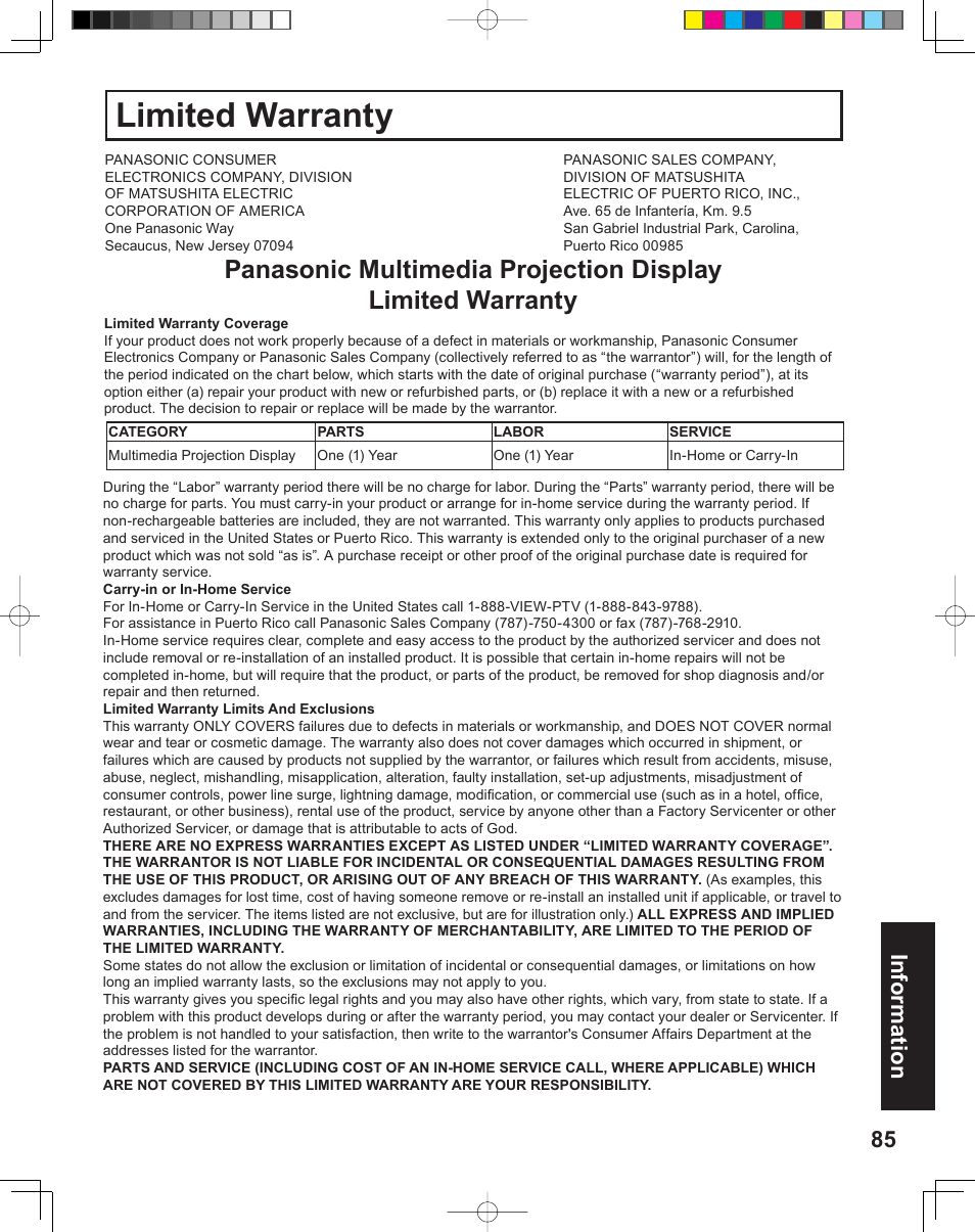 Limited warrwnty, Limited warranty, 85 information | Panasonic PT-43LC14 User Manual | Page 85 / 88