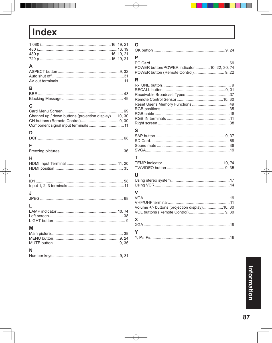 Index, 87 information | Panasonic PT-43LC14 User Manual | Page 87 / 88