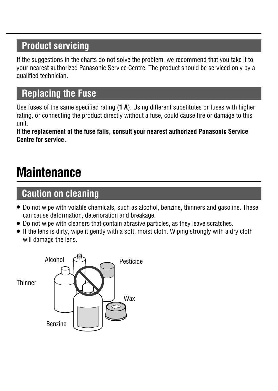 Maintenance, Caution on cleaning, Product servicing | Replacing the fuse | Panasonic CY-RC50KN User Manual | Page 10 / 20