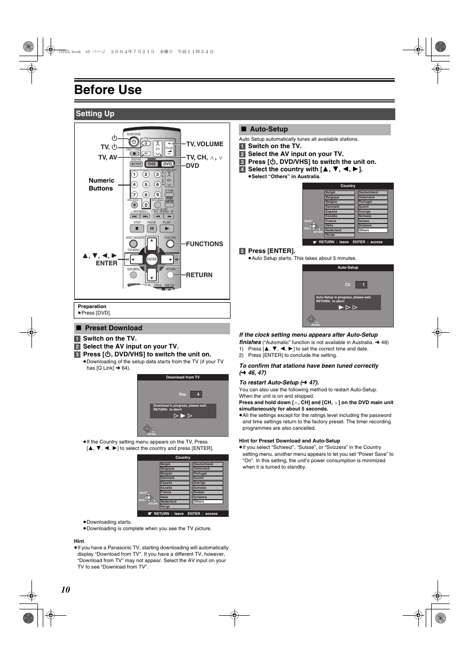 Setting up, Preset download, L 10 | L 10), Before use, Auto-setup, 5] press [enter, Numeric buttons, 46, 47) to restart auto-set up | Panasonic DIGA DMR-E75V User Manual | Page 10 / 72