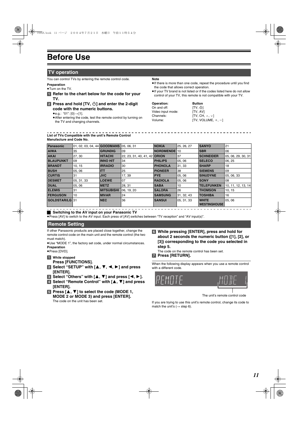 Tv operation remote setting, L 11, Odes | L 11), Before use, Tv operation, Remote setting | Panasonic DIGA DMR-E75V User Manual | Page 11 / 72