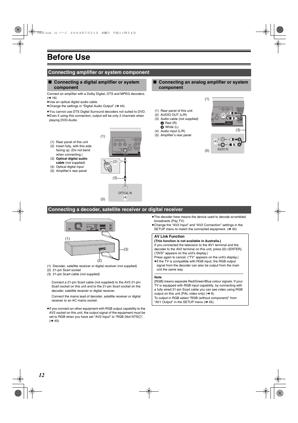 Connecting amplifier or system component, Before use, Connecting a digital amplifier or system component | Connecting an analog amplifier or system component | Panasonic DIGA DMR-E75V User Manual | Page 12 / 72
