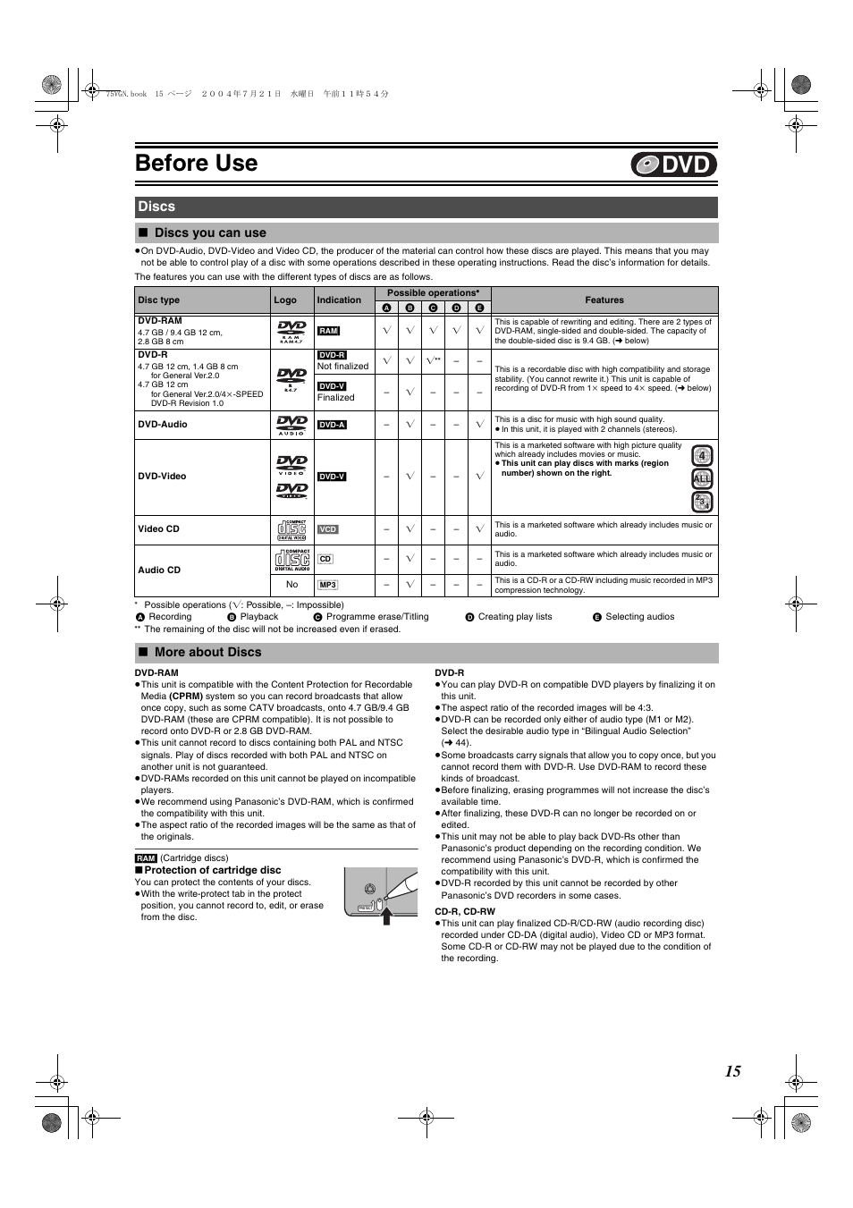 Discs, Discs you can use ≥more about discs, Before use | Discs you can use, More about discs | Panasonic DIGA DMR-E75V User Manual | Page 15 / 72