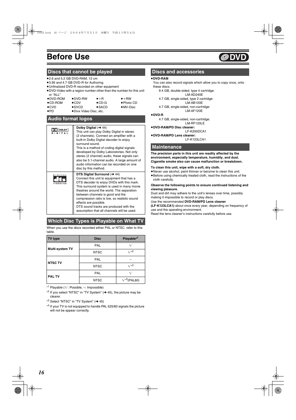 L 16), Before use, Discs that cannot be played | Audio format logos, Which disc types is playable on what tv, Discs and accessories maintenance | Panasonic DIGA DMR-E75V User Manual | Page 16 / 72