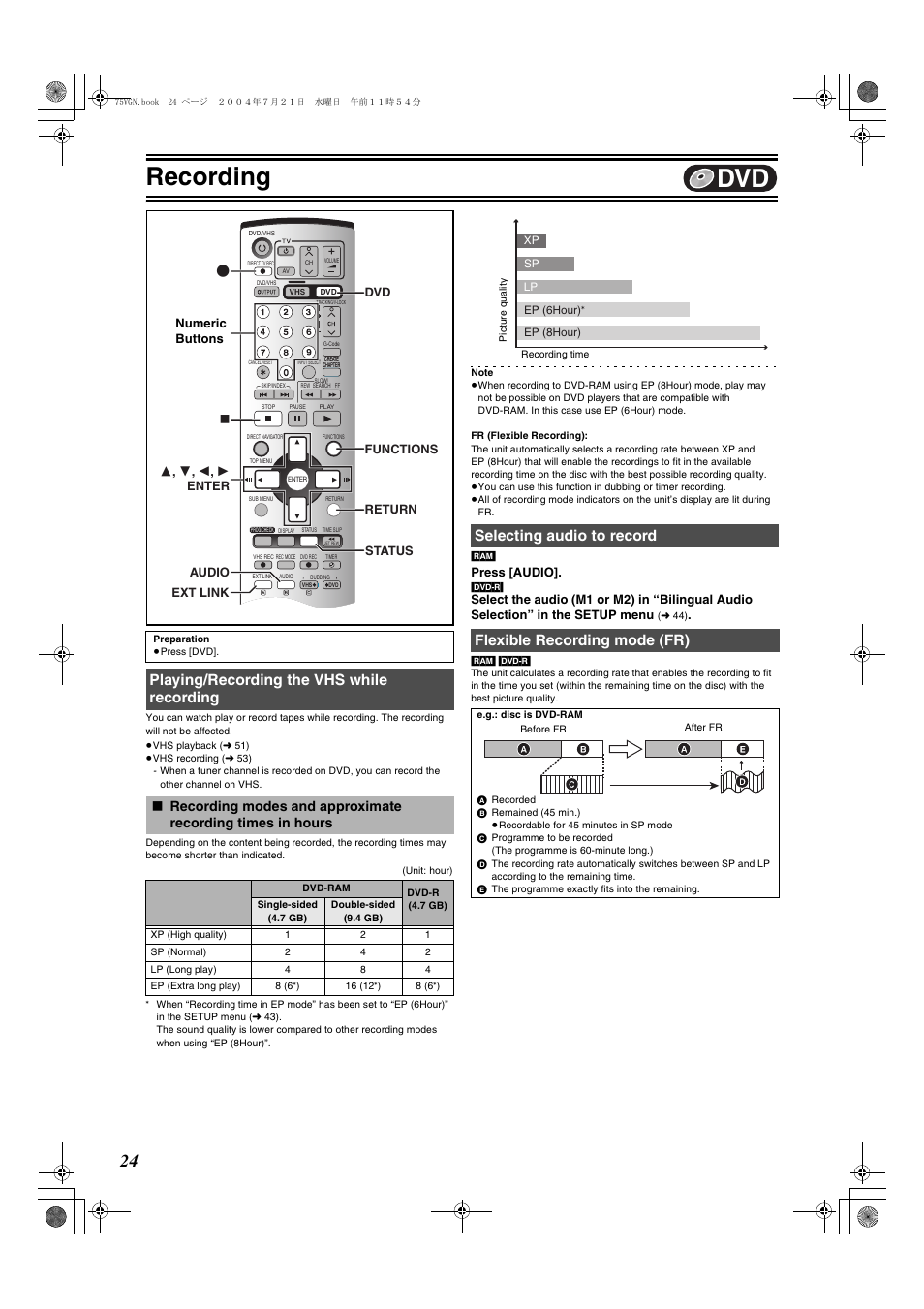 Playing/recording the vhs while recording, Recording modes and, Approximate recording times in hours | L 24), Rding, Recording, Press [audio, Numeric buttons | Panasonic DIGA DMR-E75V User Manual | Page 24 / 72