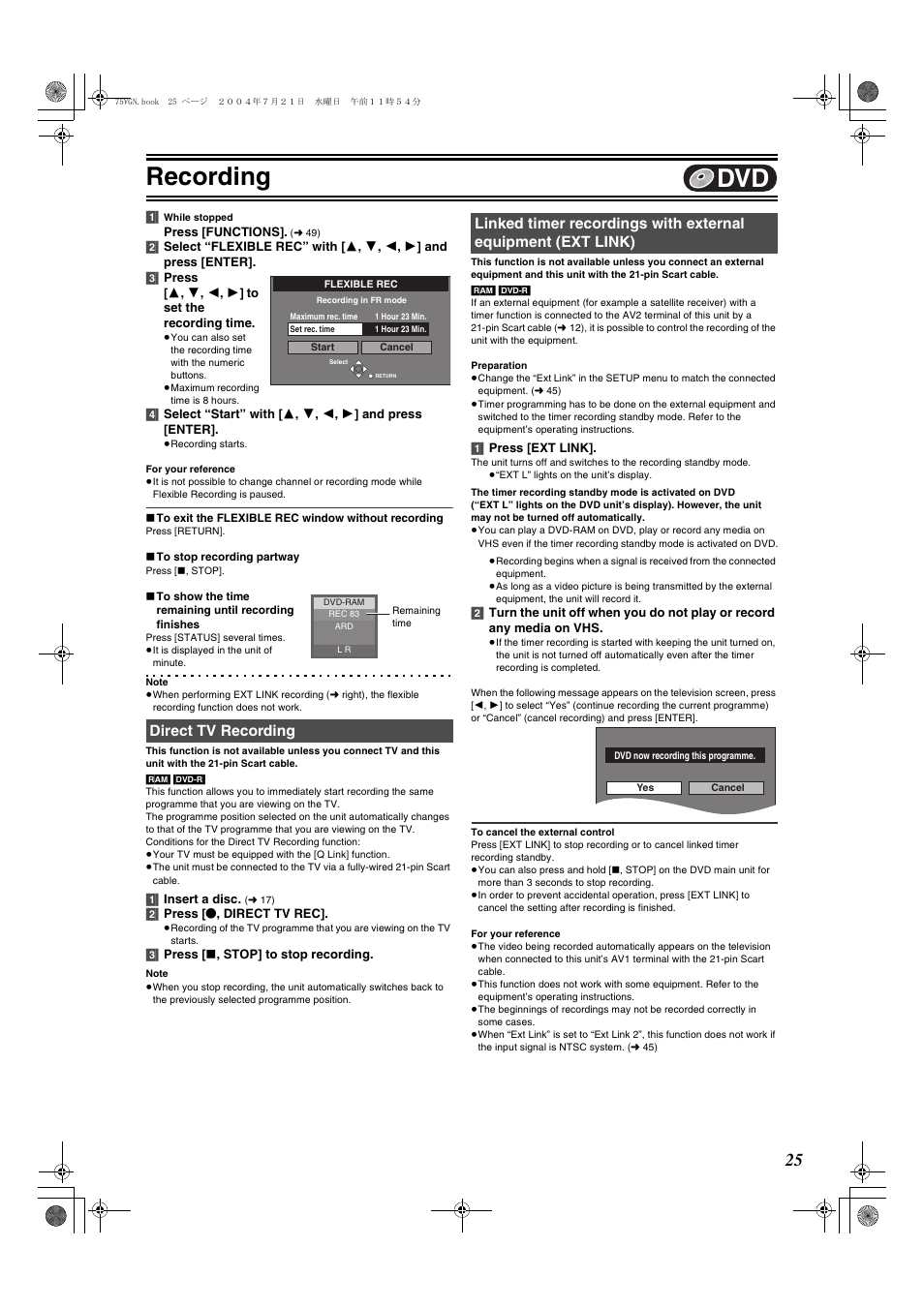 L 25, L 25), Recording | Direct tv recording | Panasonic DIGA DMR-E75V User Manual | Page 25 / 72