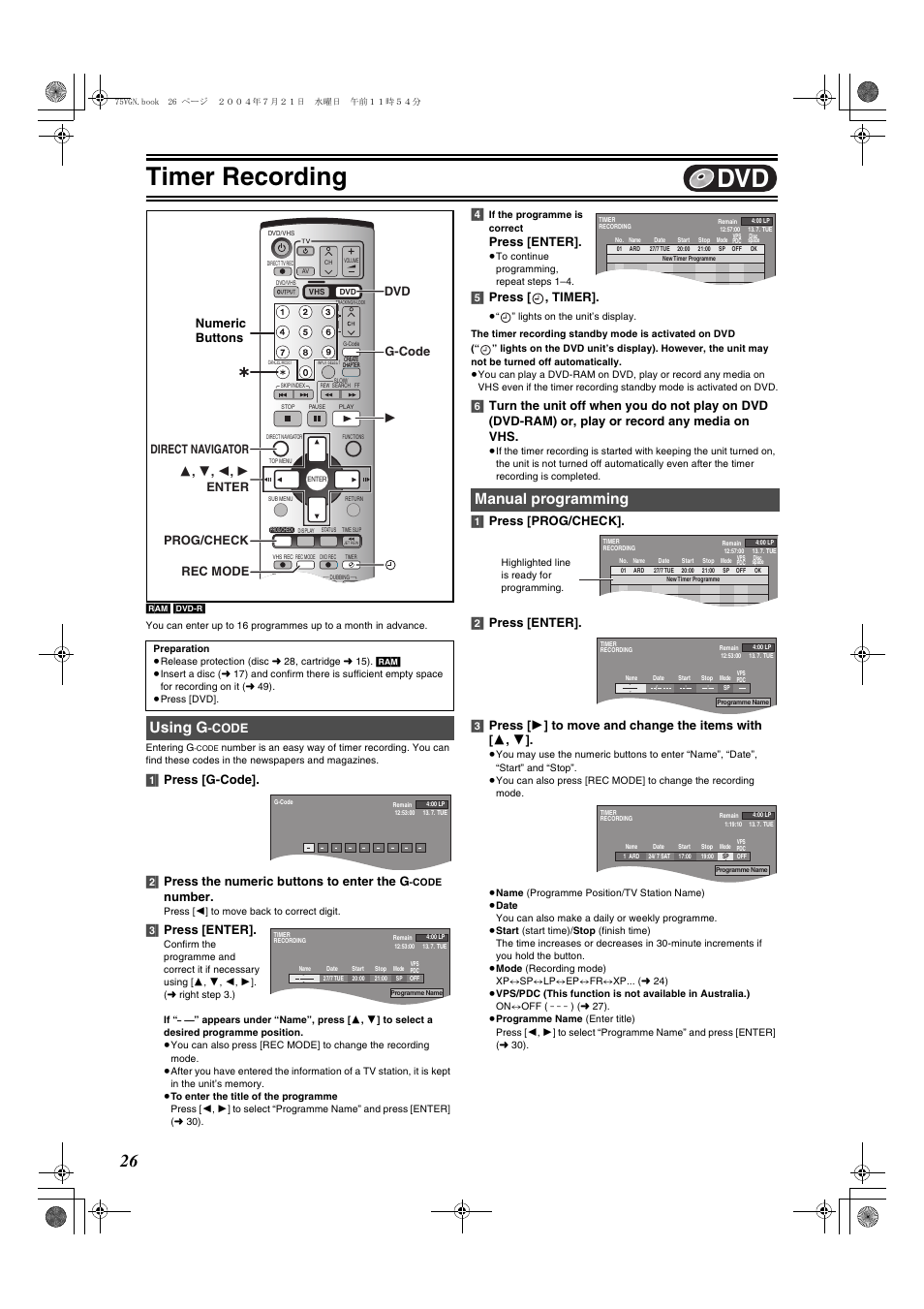 Timer recording, Using g, Manual programming | L 26, L 26), Cordings, Number, 3] press [enter, Press [enter, 5] press [ , timer | Panasonic DIGA DMR-E75V User Manual | Page 26 / 72