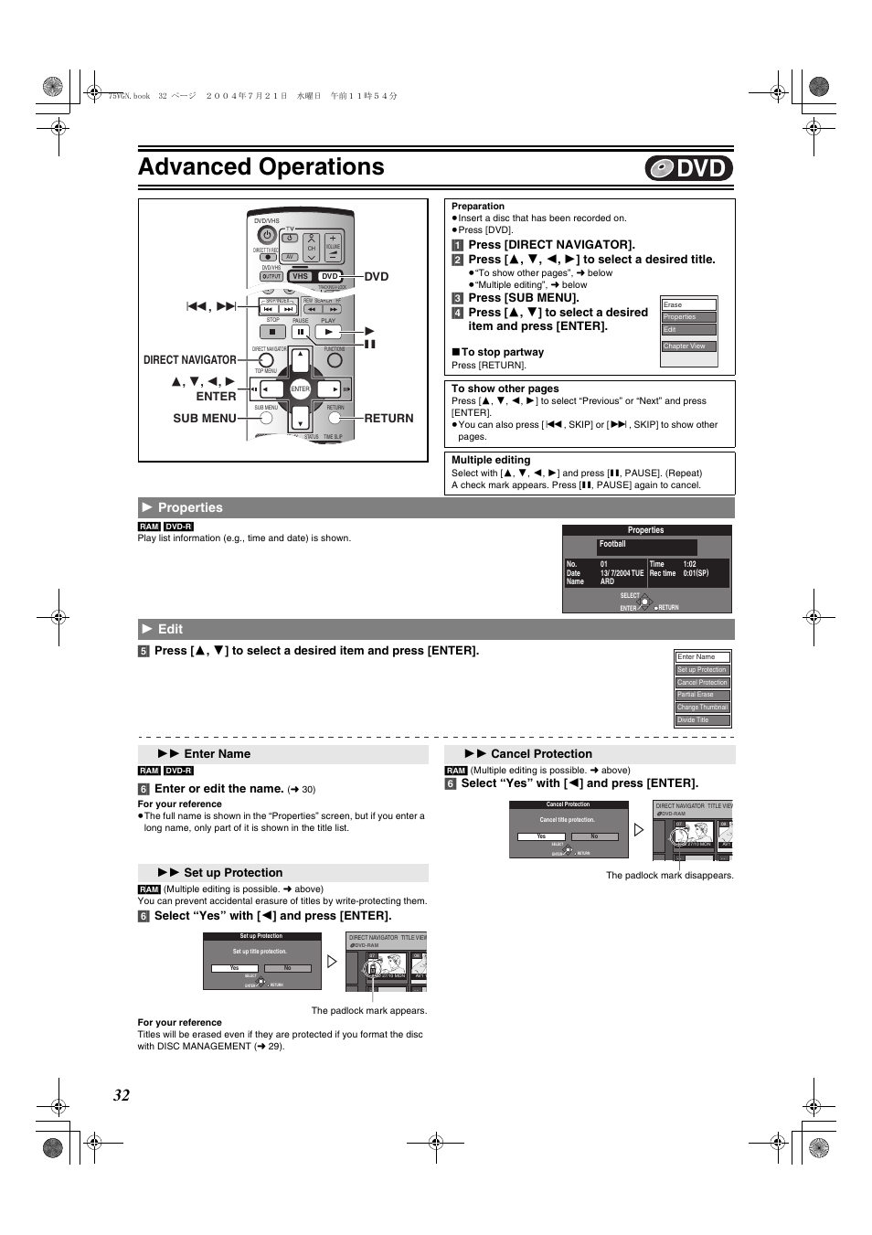 Properties - edit, L 32), Advanced operations | 1 properties 1 edit, 6] enter or edit the name, 6] select “yes” with [ 2 ] and press [enter, 11 enter name 11 set up protection, 11 cancel protection | Panasonic DIGA DMR-E75V User Manual | Page 32 / 72