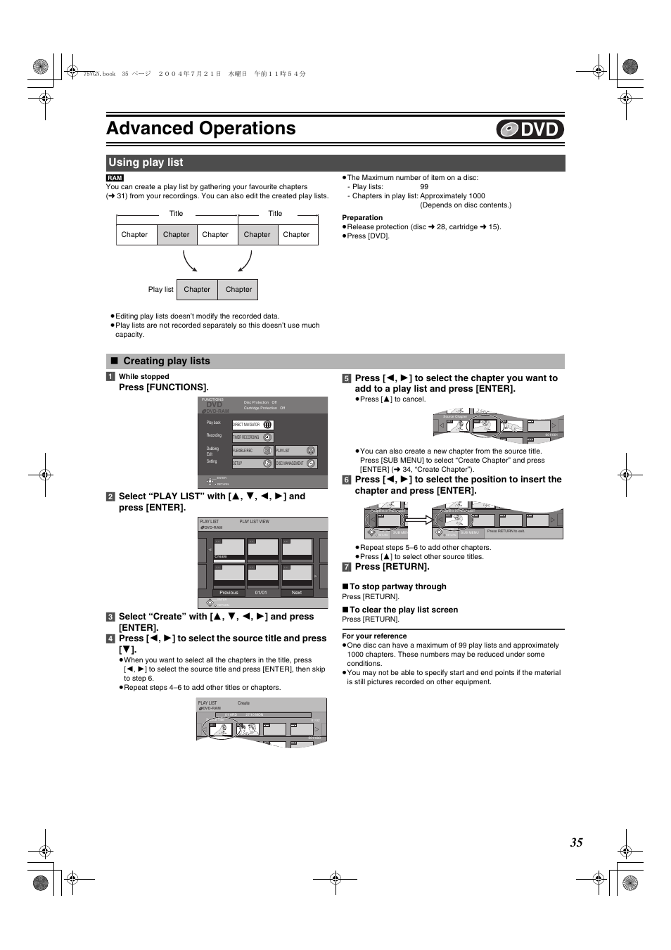 Using play list, Creating play lists, Advanced operations | 7] press [return | Panasonic DIGA DMR-E75V User Manual | Page 35 / 72