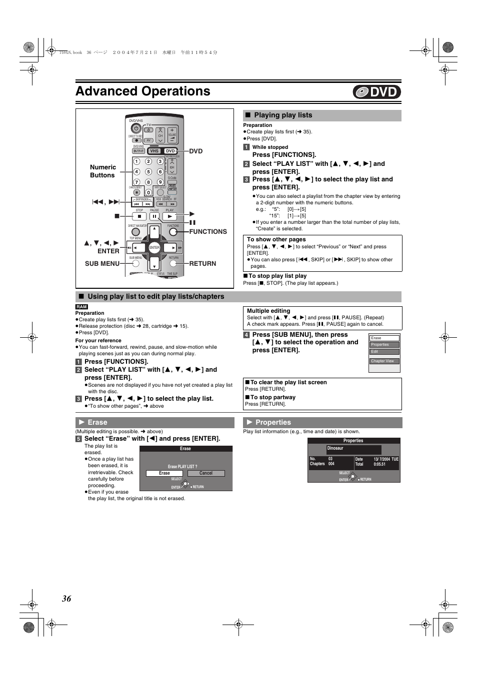 Erase - properties, L 36), Advanced operations | Playing play lists, Using play list to edit play lists/chapters, 1 erase, 1 properties | Panasonic DIGA DMR-E75V User Manual | Page 36 / 72