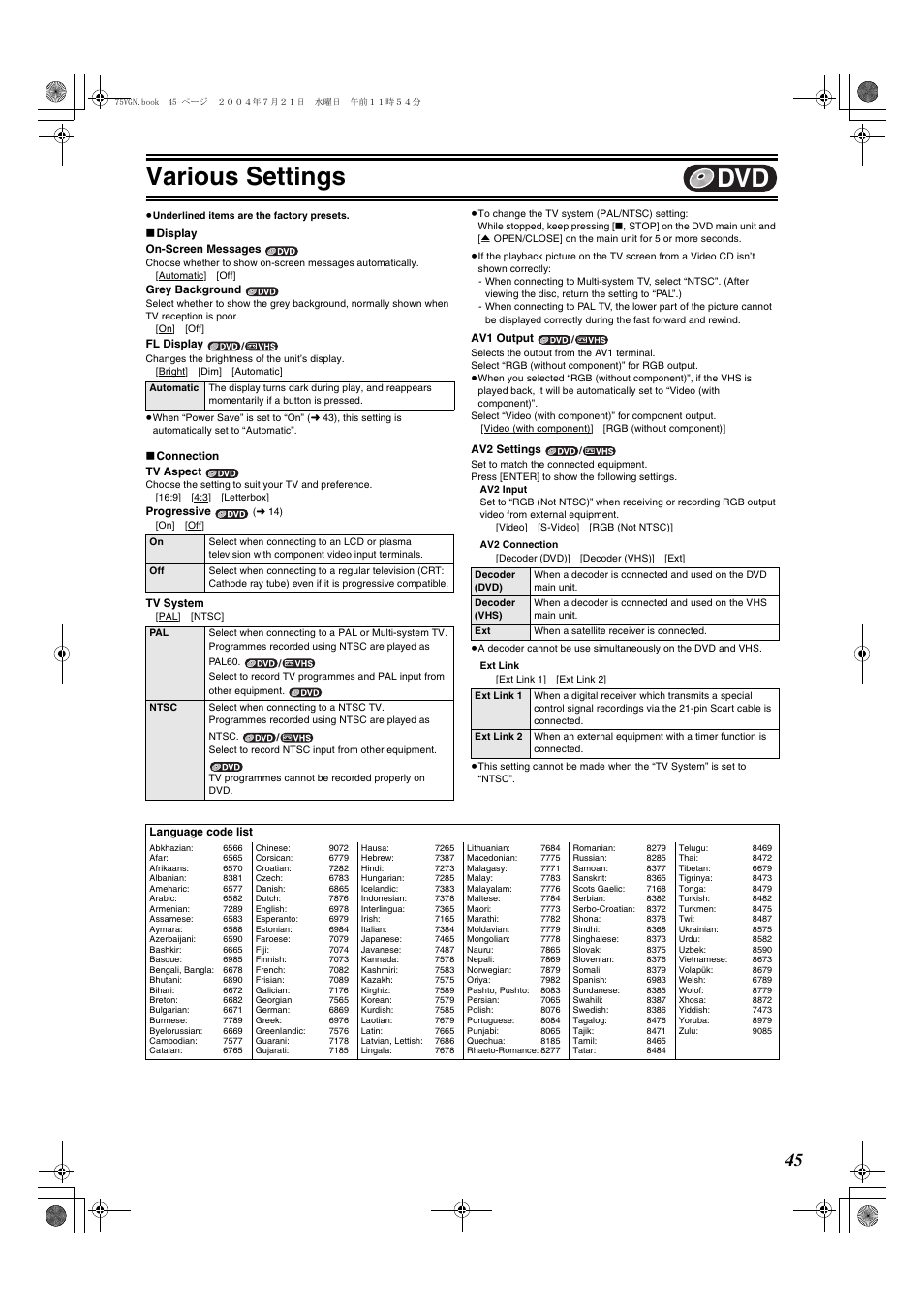 L 45) or, Av1 output, L 45) | Av2 input” t, L 45, Various settings | Panasonic DIGA DMR-E75V User Manual | Page 45 / 72