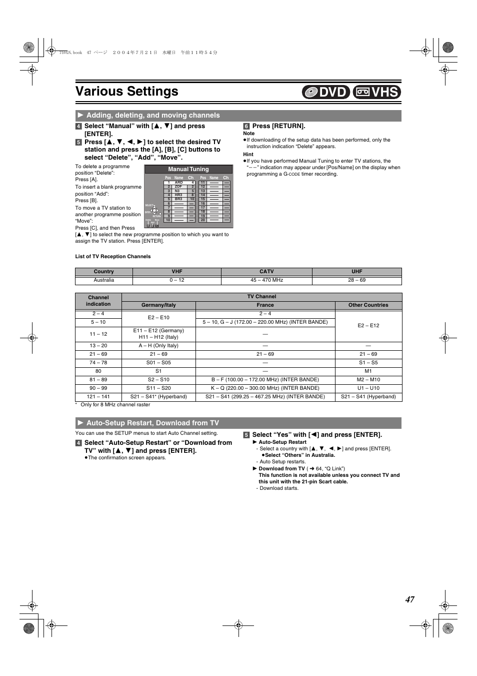 L 47), Various settings, Vhs dvd | 1 adding, deleting, and moving channels, 1 auto-setup restart, download from tv | Panasonic DIGA DMR-E75V User Manual | Page 47 / 72