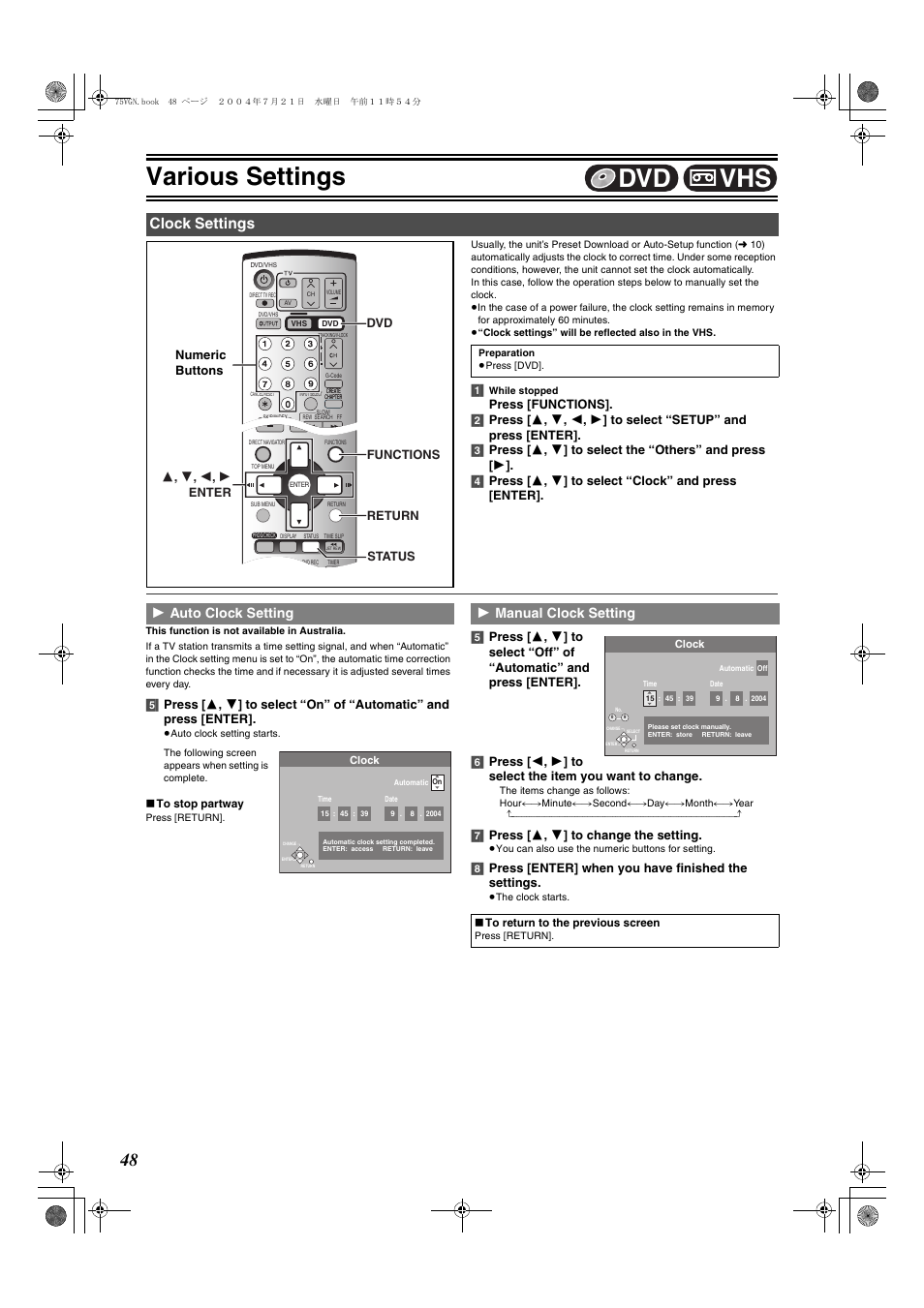 Clock settings, Auto clock setting - manual clock setting, L 48) | Various settings, Vhs dvd, 1 auto clock setting, 1 manual clock setting, 7] press [ 3 , 4 ] to change the setting, Numeric buttons | Panasonic DIGA DMR-E75V User Manual | Page 48 / 72