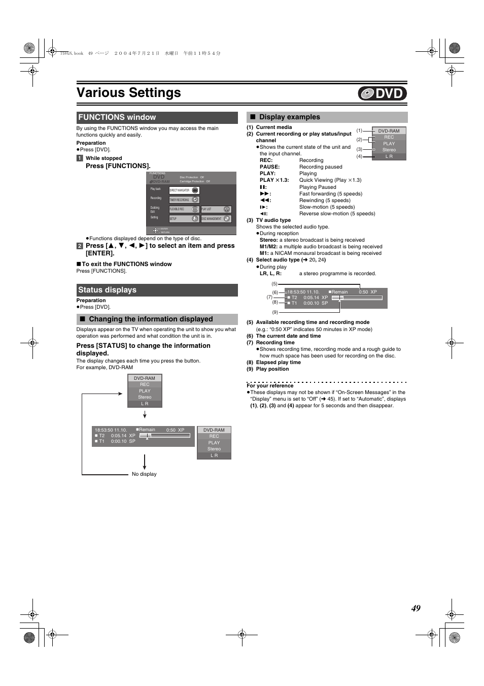 Functions window status displays, Changing the information displayed, Display examples | L 49, L 49), Various settings | Panasonic DIGA DMR-E75V User Manual | Page 49 / 72