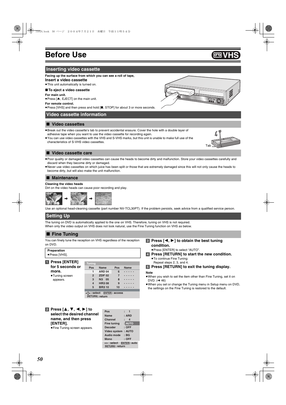 Vhs]]^^^^^^^^^^^^^^^^^^^^^^^^^^^^^^^^^ ), Before use, Video cassettes ≥video cassette care ≥maintenance | Setting up, Fine tuning, L 50), L 50, Setting up ∫ fine tuning, Insert a video cassette, 1] press [enter] for 5 seconds or more | Panasonic DIGA DMR-E75V User Manual | Page 50 / 72