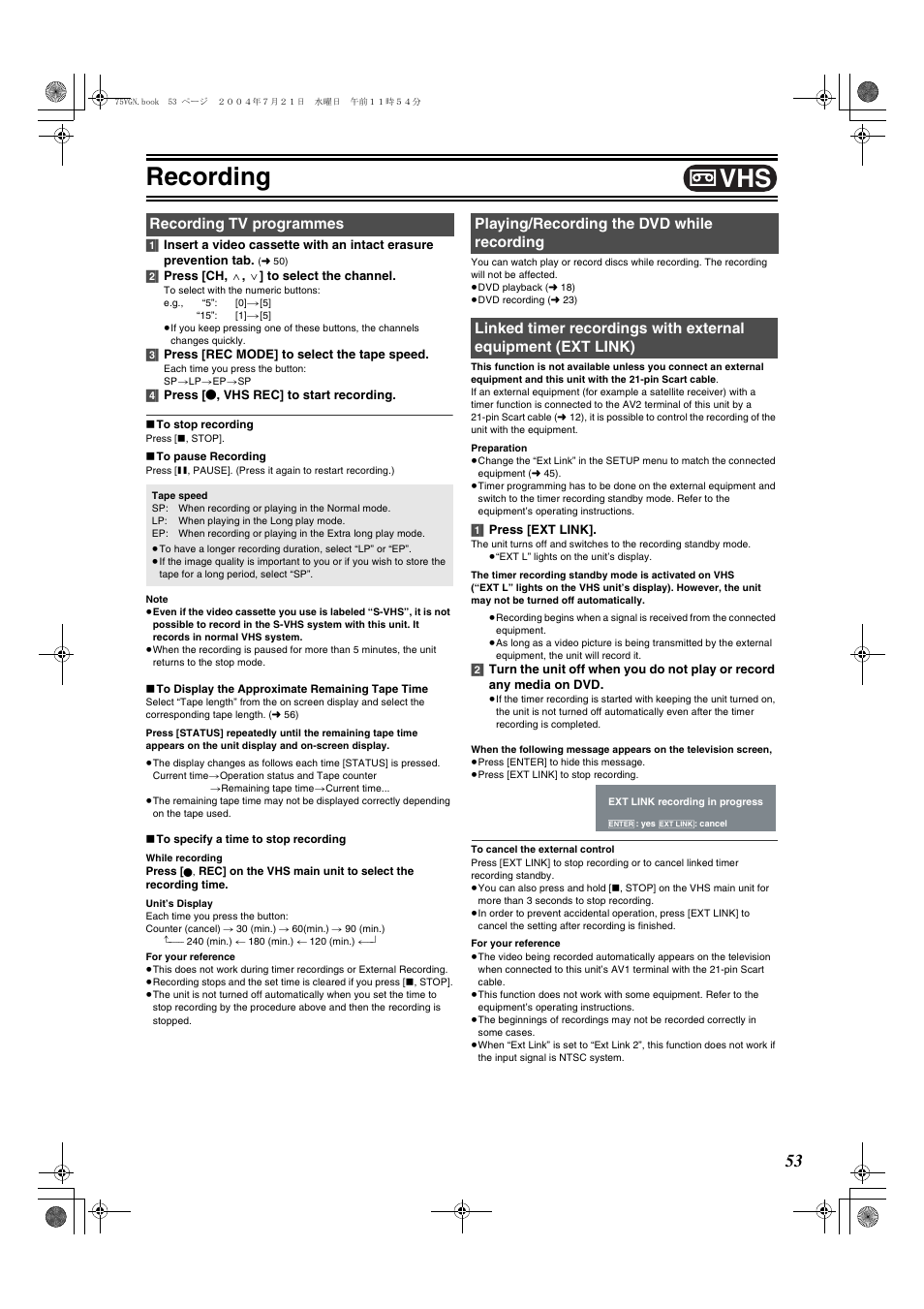 Recording, L 53, L 53) | Recording tv programmes | Panasonic DIGA DMR-E75V User Manual | Page 53 / 72