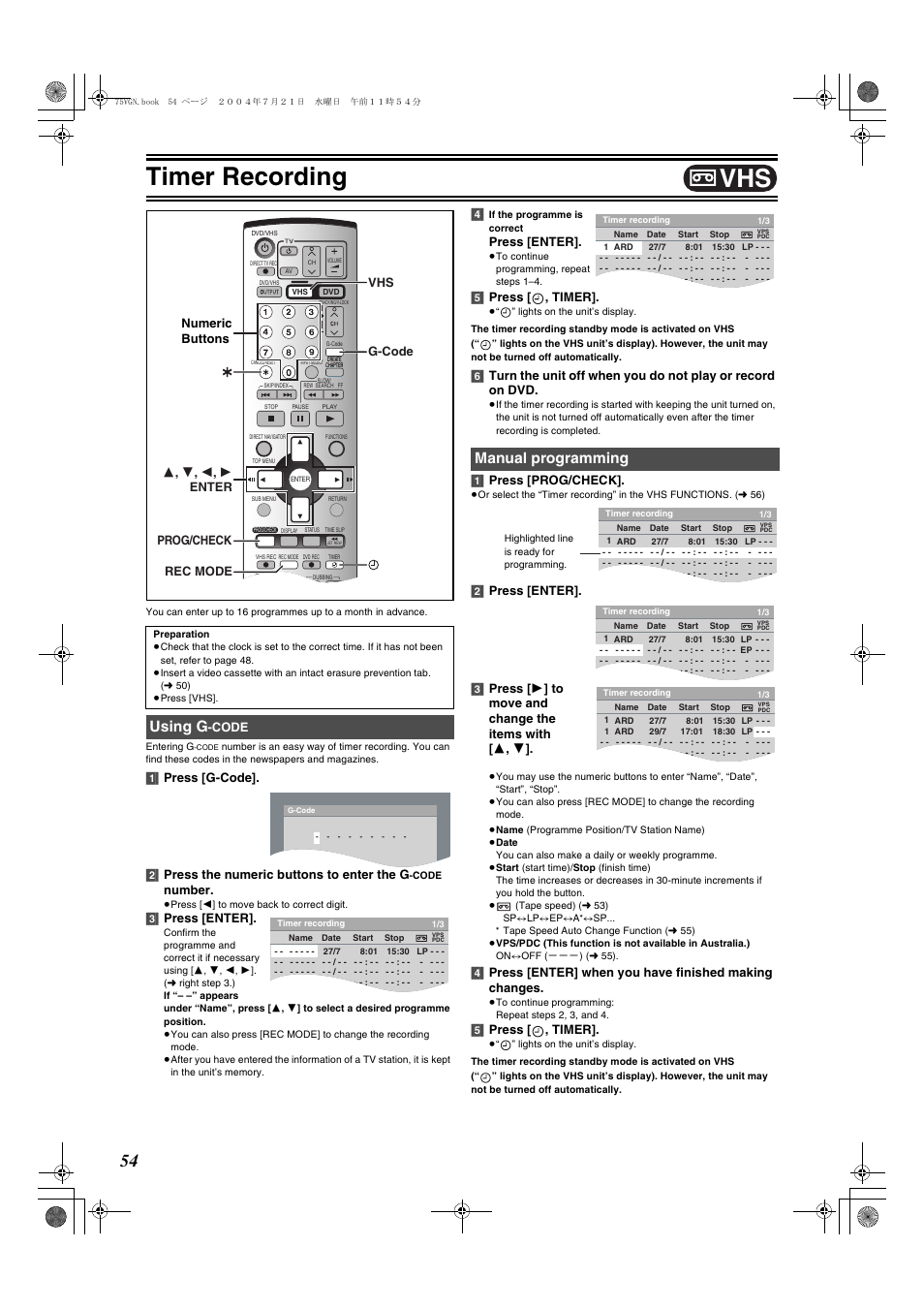 Timer recording, Using g, Manual programming | L 54), Number, 3] press [enter, Press [enter, 5] press [ , timer, 1] press [prog/check, Code | Panasonic DIGA DMR-E75V User Manual | Page 54 / 72