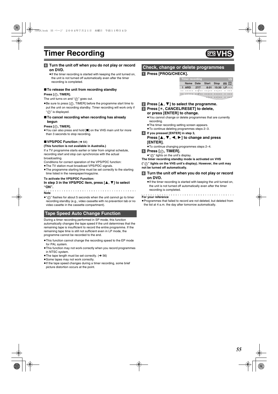 L 55, L 55), Timer recording | Panasonic DIGA DMR-E75V User Manual | Page 55 / 72