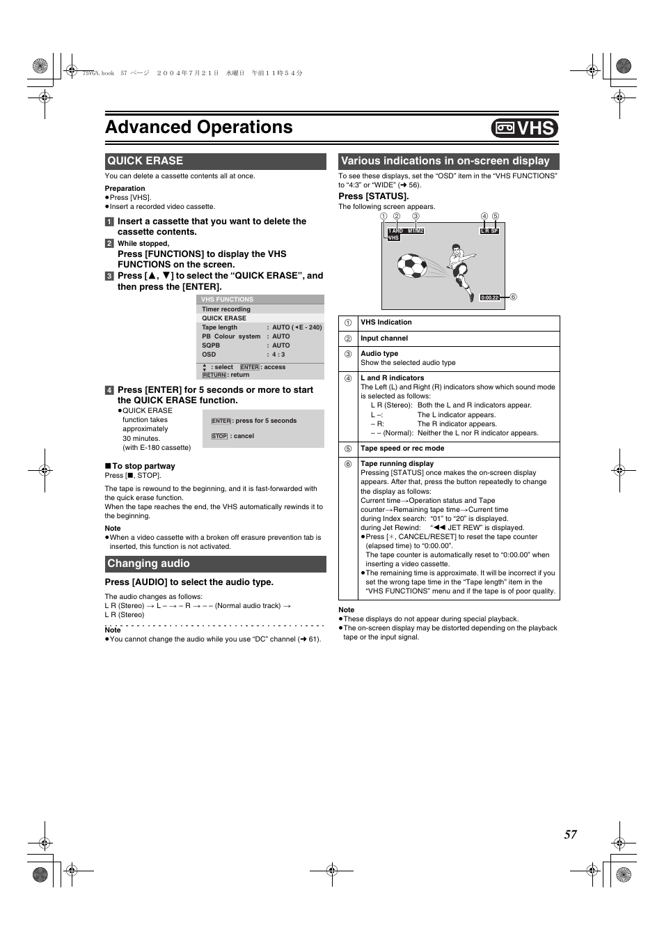 L 57), Advanced operations, Quick erase changing audio | Various indications in on-screen display | Panasonic DIGA DMR-E75V User Manual | Page 57 / 72