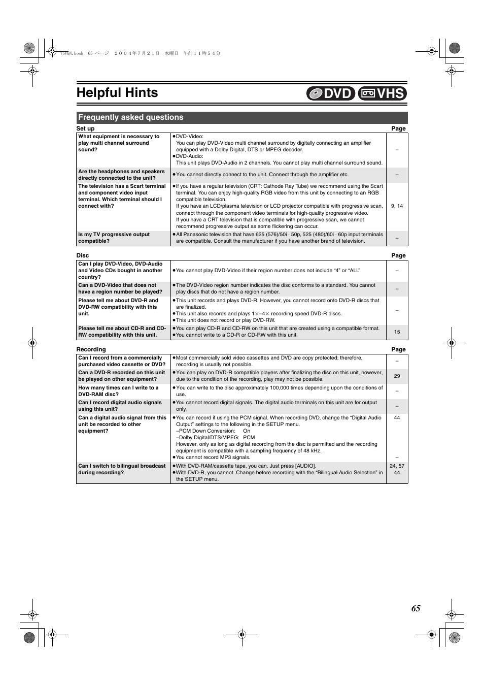 Frequently asked questions, Helpful hints, Vhs dvd | Panasonic DIGA DMR-E75V User Manual | Page 65 / 72
