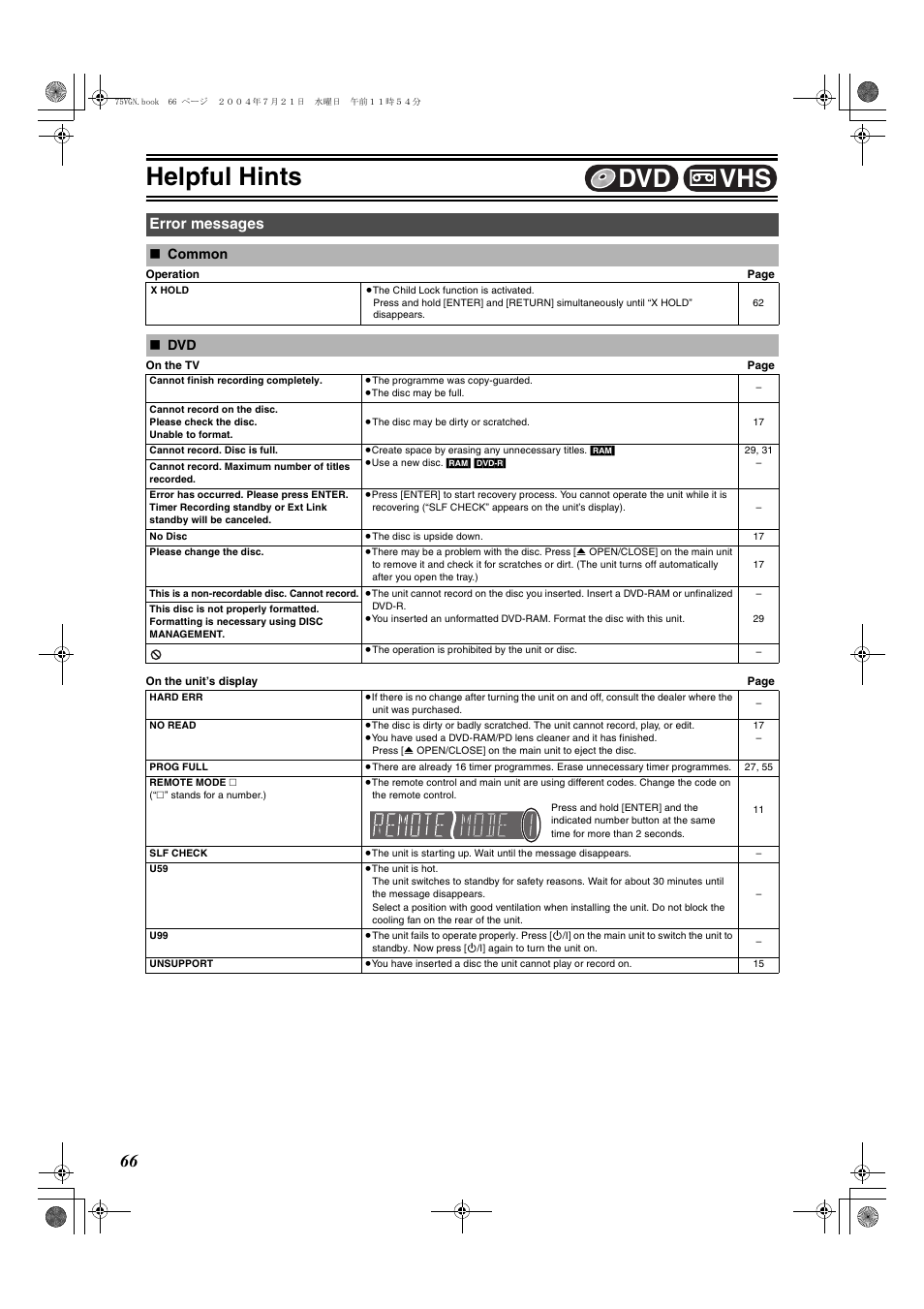 Error messages, Common ≥dvd, Helpful hints | Vhs dvd | Panasonic DIGA DMR-E75V User Manual | Page 66 / 72